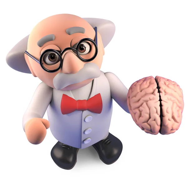 Genius Mad Scientist professor bestudeert een menselijk brein, 3D illustratie — Stockfoto