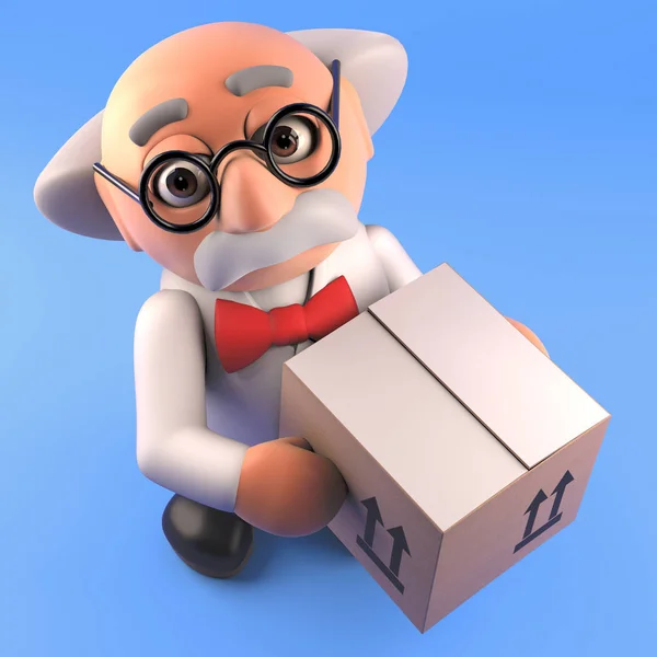 Científico loco feliz toma entrega de un paquete de caja de cartón, 3d render — Foto de Stock