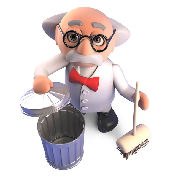 Tidy cientista louco limpa com sua vassoura e recicla lixo, ilustração 3d — Fotografia de Stock