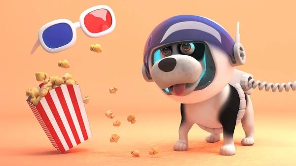 Cute puppy pies w skafander na obcej planecie patrzy na okulary 3D i popcorn, ilustracja 3D — Zdjęcie stockowe