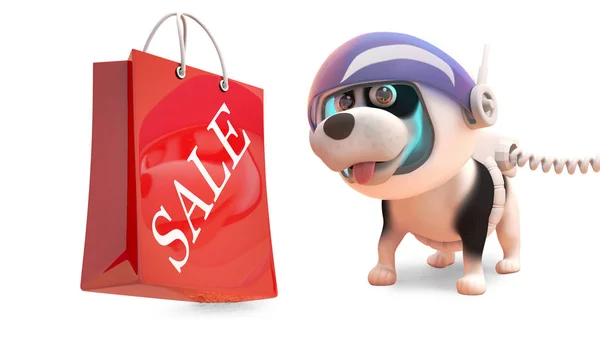 Valp hund i rymddräkt titta på en Shoppingbag med försäljning skrivet på den, 3D illustration — Stockfoto