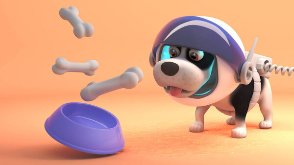 Space explorer dog wears spacesuit on Mars and eats from zero gravity food bowl, 3d illustration
