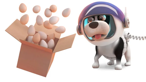 Cute puppy dog in space suit watches eggs float from a box, 3d illustration