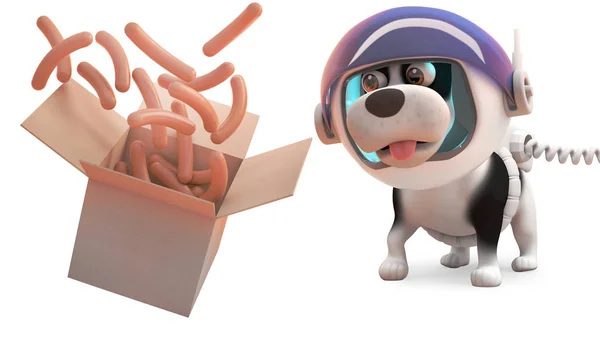 Cute puppy dog wearing spacesuit watches sausages float from a box, 3d illustration