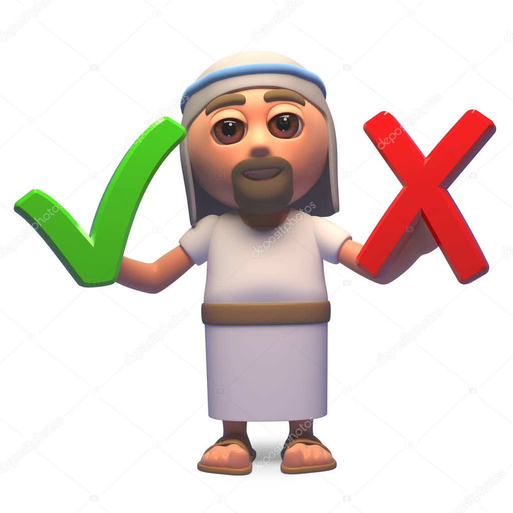 Jesus Christ son of God chooses a tick or a cross, 3d illustration