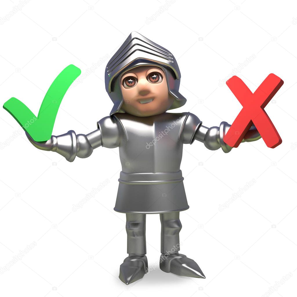 Medieval knight in armour decides in a vote between yes and no, 3d illustration