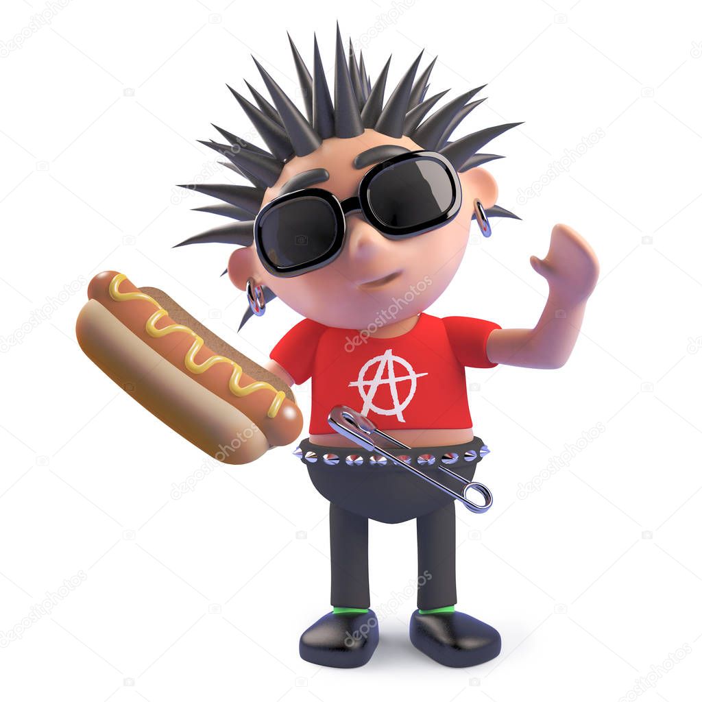Hungry punk holding a delicious hotdog snack, 3d illustration
