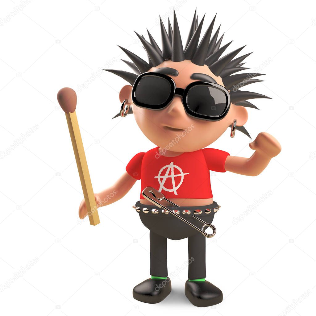 Arson minded punk rocker holding an unlit match, 3d illustration