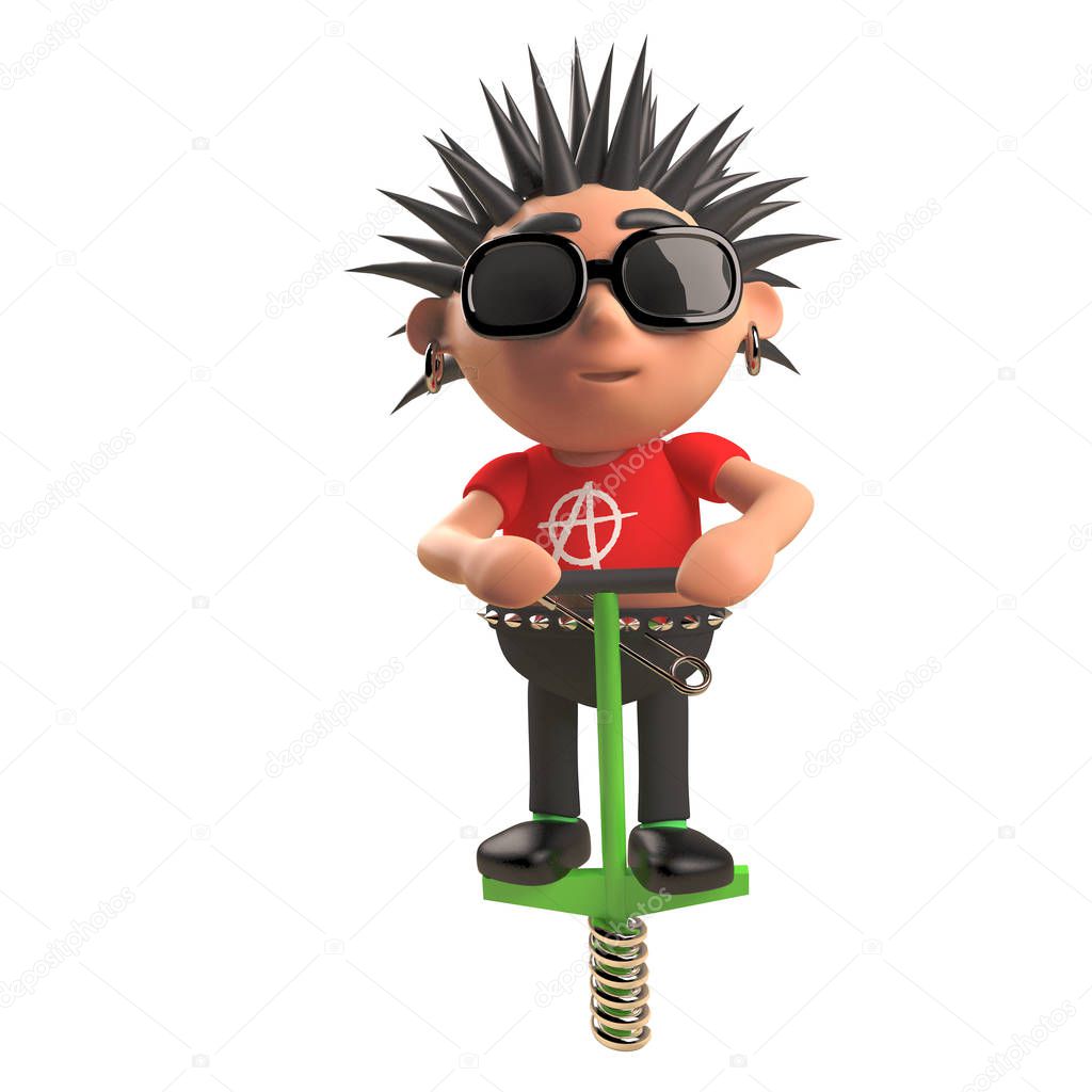 Bouncing punk rocker transports himself on a pogo stick, 3d illustration
