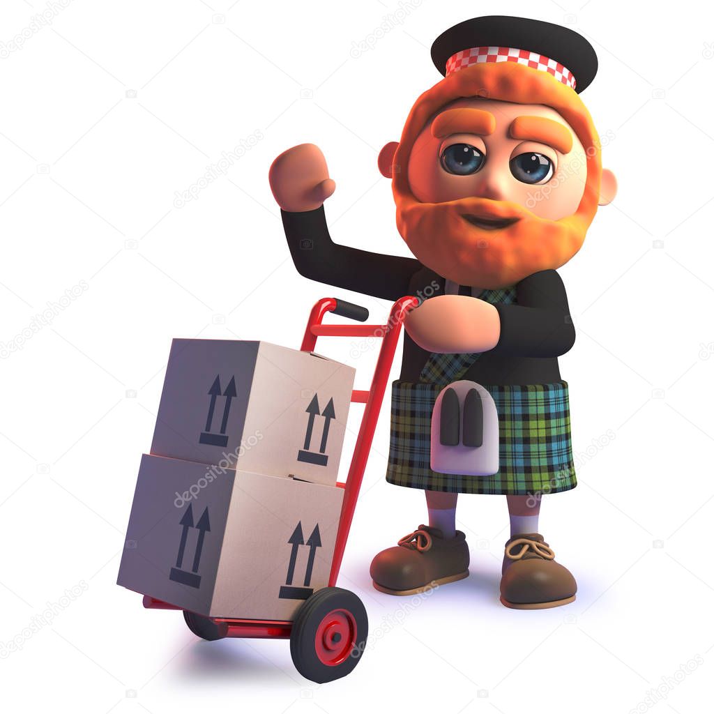 Funny cartoon 3d Scottish in kilt delivering cardboard boxes on a handcart