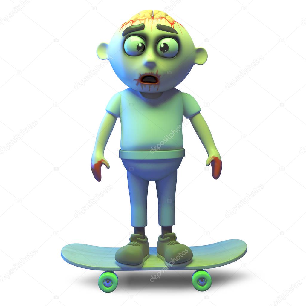 Cool undead zombie monster riding on a skateboard, 3d illustration