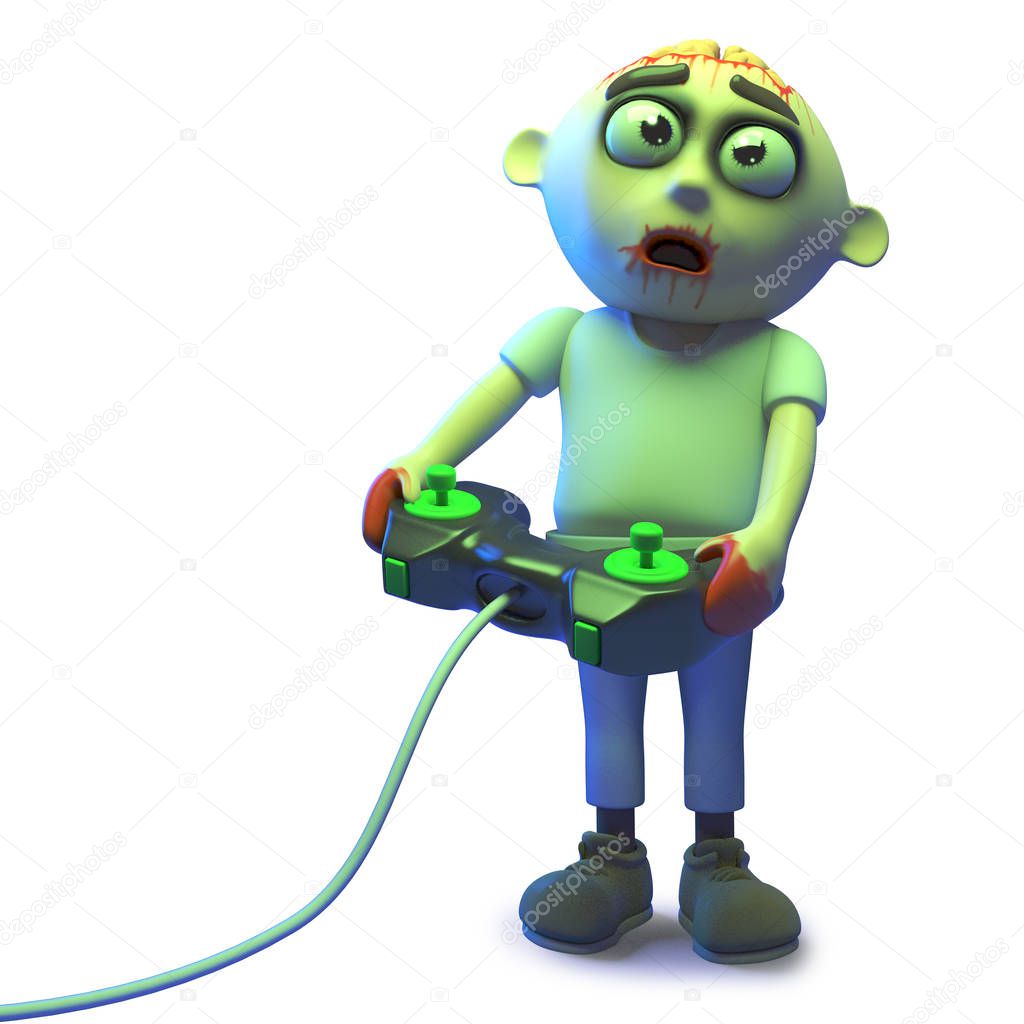 Cartoon zombie monster is playing a scarey videogame, 3d illustration