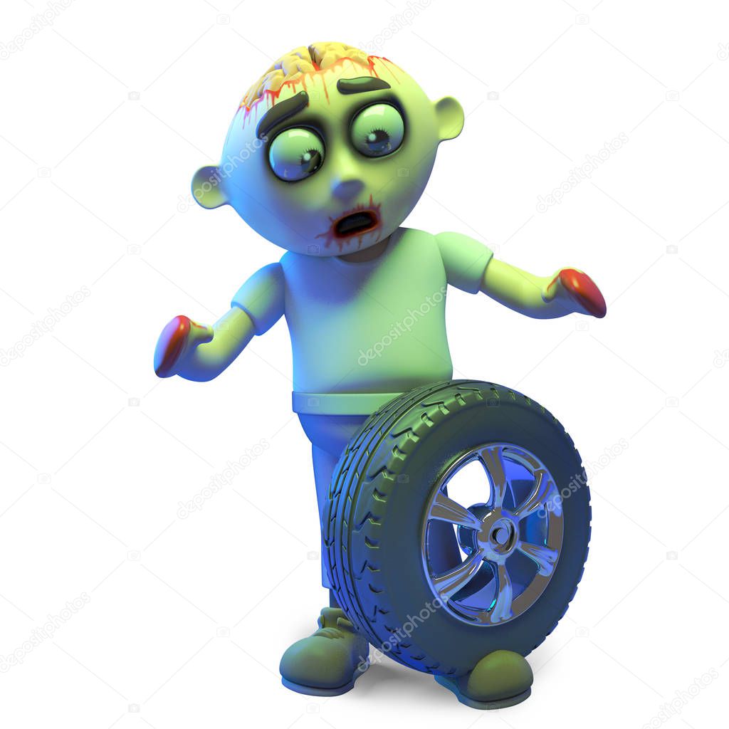 Poor undead zombie monster has dropped a car wheel and tyre on his foot, 3d illustration