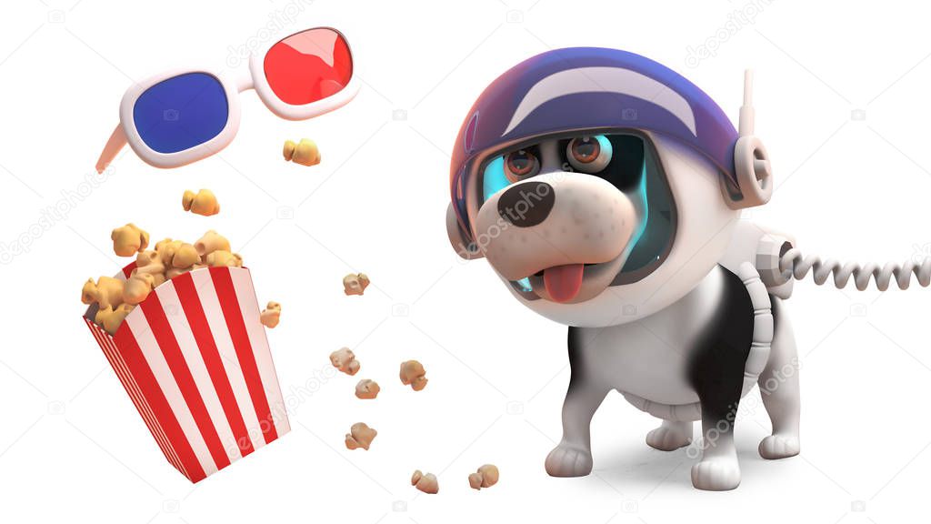 Funny cartoon space dog on Mars with 3d glasses and popcorn, 3d illustration