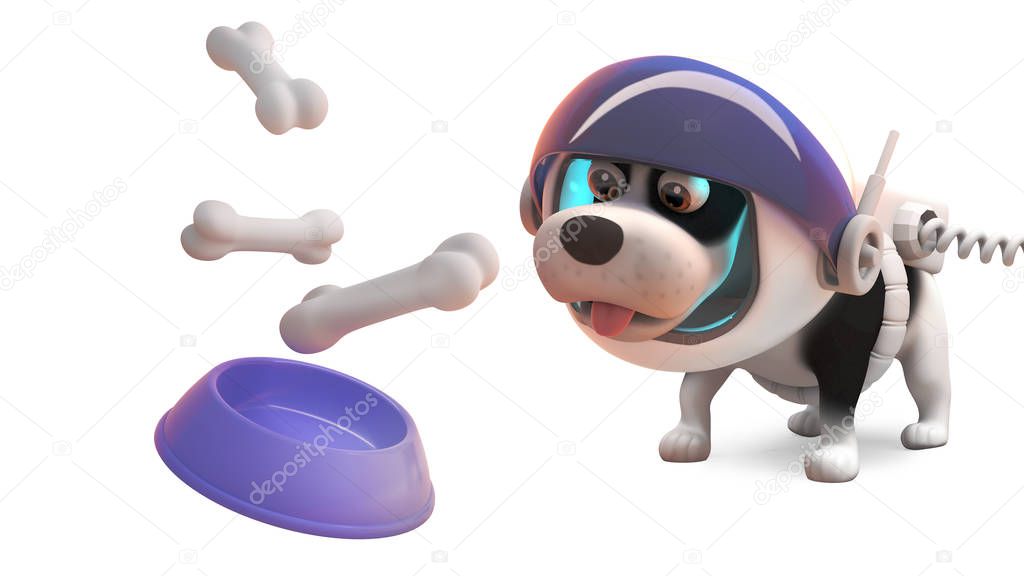 Funny space dog in spacesuit looking at bones falling into dog bow, 3d illustration
