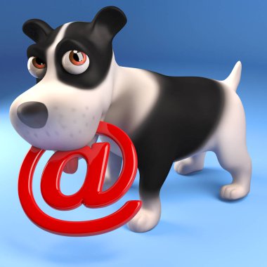 Komik köpek yavrusu onun namlu, 3d illüstrasyon bir e-posta adresi sembolü tutar