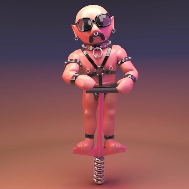 Seksi gay deri fetiş adam onun pembe pogo sopa, 3d illüstrasyon etrafında sıçrar