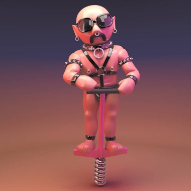 Sexy gay leather fetish man bounces around on his pink pogo stick, 3d illustration clipart