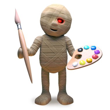 Komik undead Mısır mumya onun fırça ve palet, 3d illüstrasyon ile büyük bir ressam