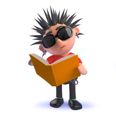 3d karikatür punk rockçı çocuk bir kitap okuma