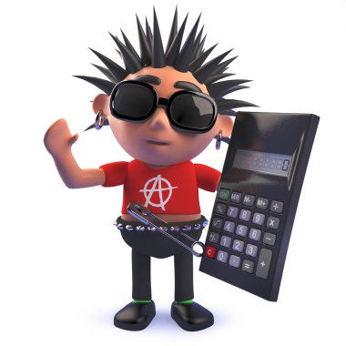 3d bir dijital hesap makinesi tutan Karikatür punk rocker karakter