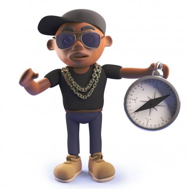 Cool karikatür siyah hiphop rap sanatçısı bir pusula tutan, 3d illüstrasyon