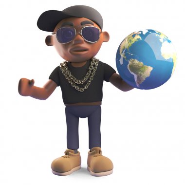 Dünya küre ile coğrafi fikirli siyah hiphop rapçi, 3d illüstrasyon