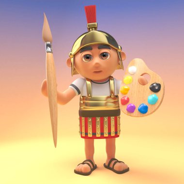 Karikatür Roma centurion asker bir boya fırçası ve palet, 3d illüstrasyon tutan