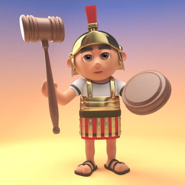 Komik karikatür Roma centurion asker bir müzayede tokmak tutan, 3d illüstrasyon