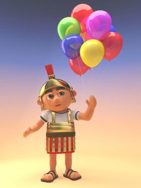 Parti balonları ile kutlayan Roma centurion asker, 3d illüstrasyon