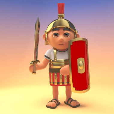 Kalkan ve kılıç çizilmiş savaş Roma centurion asker için hazır, 3d illüstrasyon