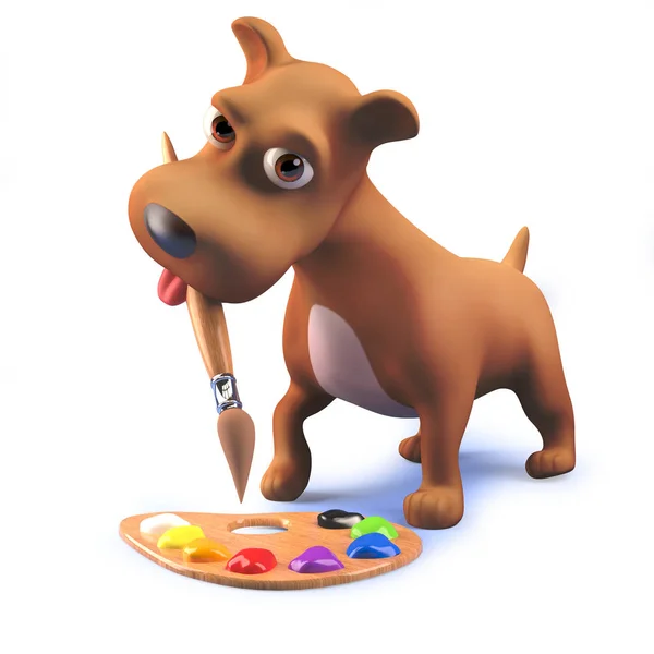 Cão de cachorro bonito em 3d brincando com um pincel e paleta — Fotografia de Stock