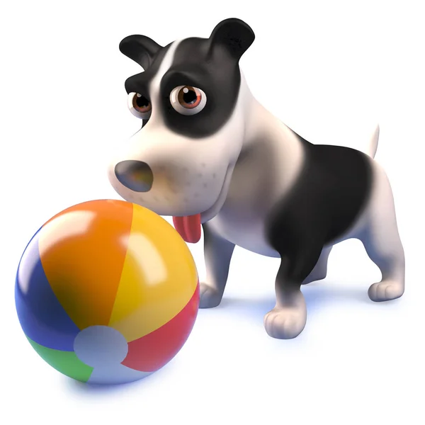 Lindo perro cachorro jugando con pelota de playa, 3d ilustración — Foto de Stock