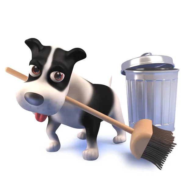 3d preto e branco cachorro cão cão cão com vassoura e lata de lixo — Fotografia de Stock