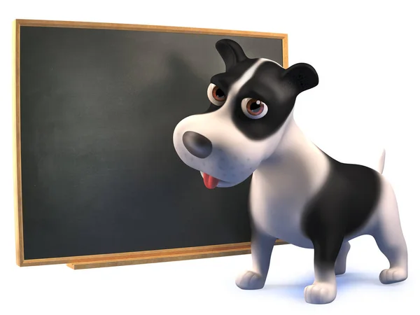 Cão de cachorro preto e branco inteligente em 3d está aprendendo no quadro negro — Fotografia de Stock
