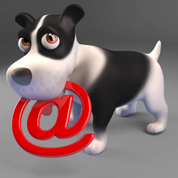 Okos fekete-fehér Kiskutya van egy e-mail szimbólum, 3D illusztráció — Stock Fotó