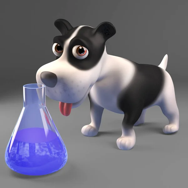 面白い黒と白の子犬は青いフラスコ、3Dイラストを見て — ストック写真