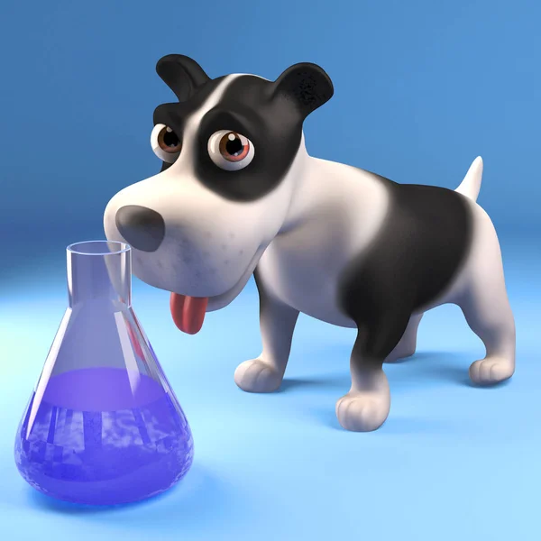 Cachorro curioso investiga um frasco de líquido azul, ilustração 3d — Fotografia de Stock