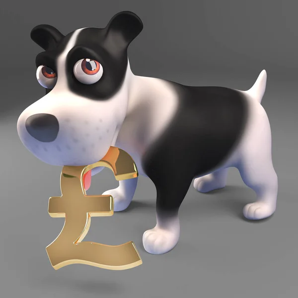 Rich puppy dog holding a gold UK Pounds sterling currency symbol, 3d illustration