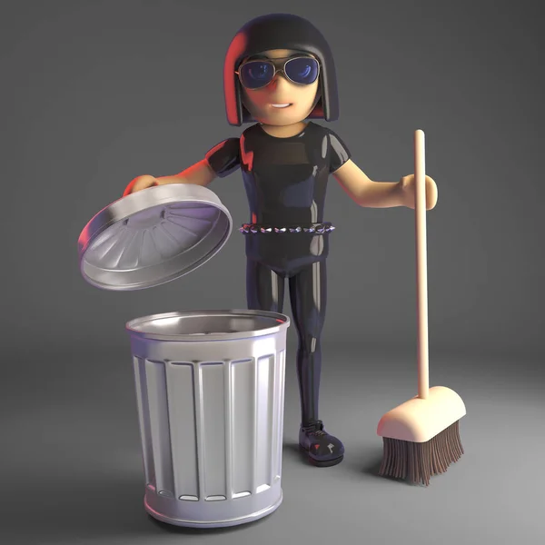 Cool leather clad goth is a domestic goddess with her broom and trash can, 3d illustration — Stock Photo, Image