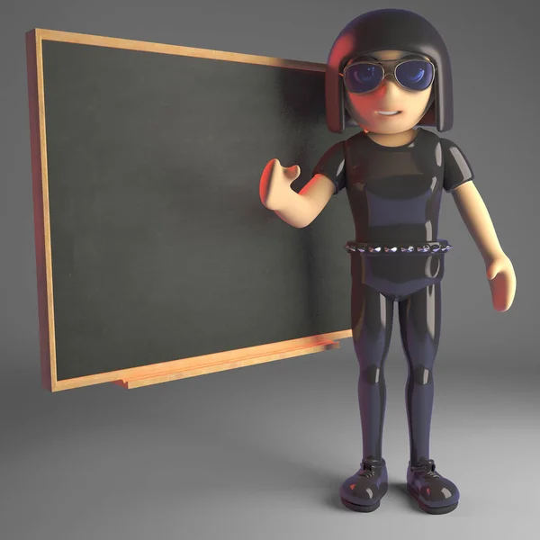 皮革包哥特式女孩教学在黑板，3D插图 — 图库照片