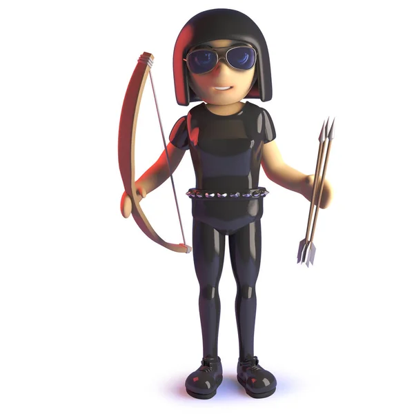 Cool 3d gothic girl in latex catsuit holding a bow and arrow — Stock Photo, Image