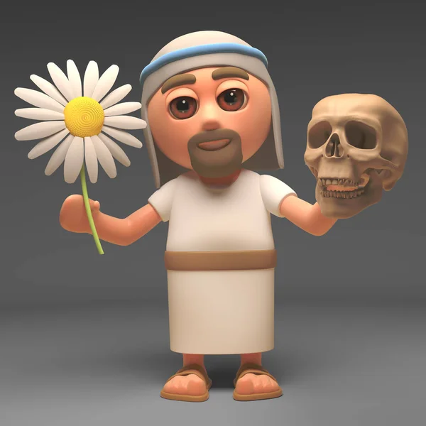 Filosófico Jesucristo sostiene una flor y un cráneo, ilustración 3d — Foto de Stock