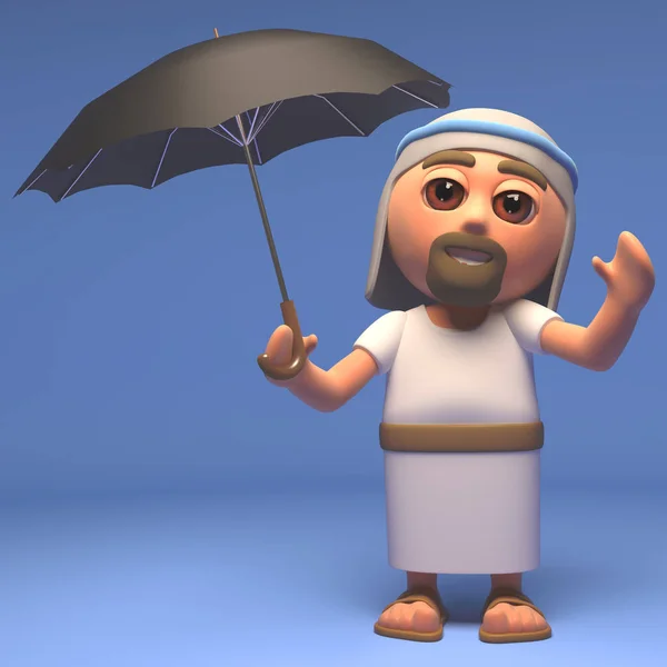 Cartoon Holy Jesus Christ ofrece refugio bajo un paraguas, ilustración 3d — Foto de Stock