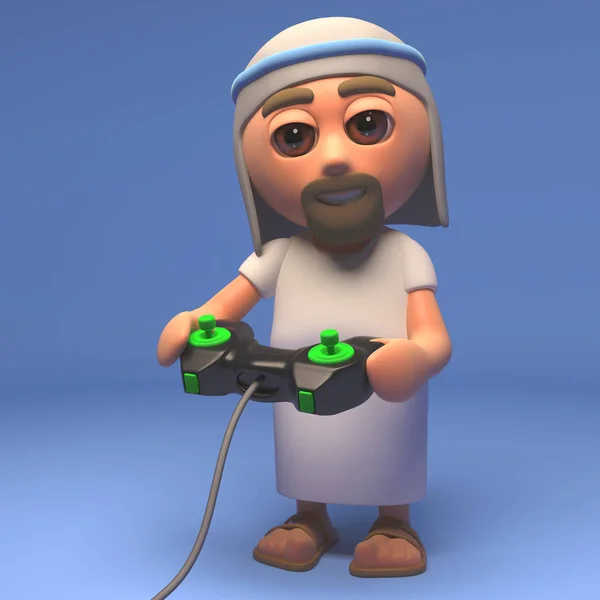 Cartoon Heilige Jezus Christus spelen een video game, 3D illustratie — Stockfoto