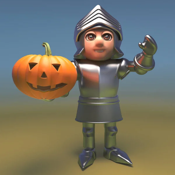 Caballero medieval caballeroso sostiene una calabaza de Halloween, ilustración 3d — Foto de Stock