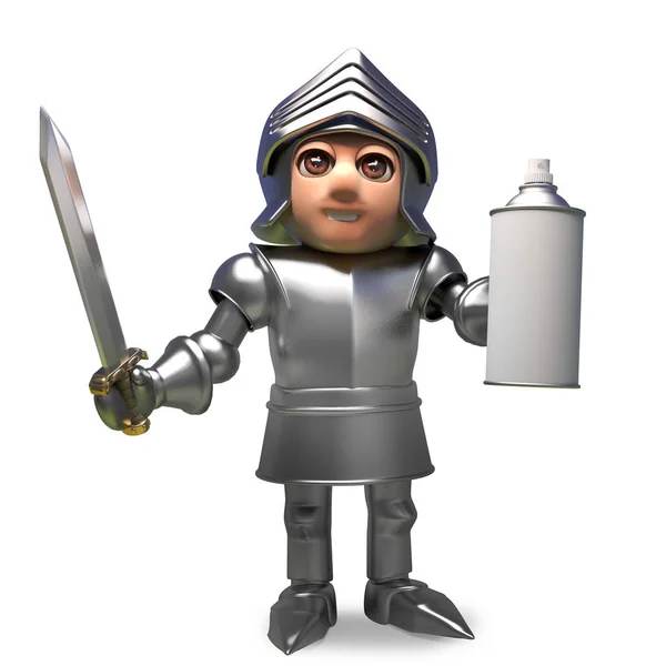 Cavaliere medievale dei cartoni animati in armatura con una bomboletta spray aerosol vuota, illustrazione 3d — Foto Stock
