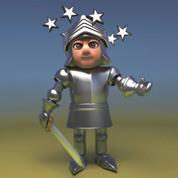Mareado caballero medieval en armadura de placa ve estrellas en sus ojos, ilustración 3d — Foto de Stock