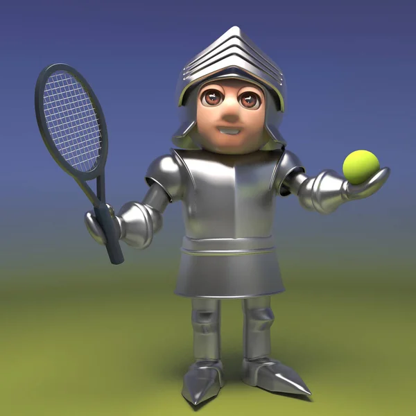 Sportowy średniowieczny rycerz uwielbia grać w tenisa, 3D ilustracji — Zdjęcie stockowe