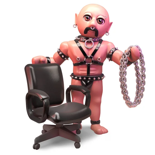 秃头同性恋男子在皮革服装有链和办公椅，3D插图 — 图库照片